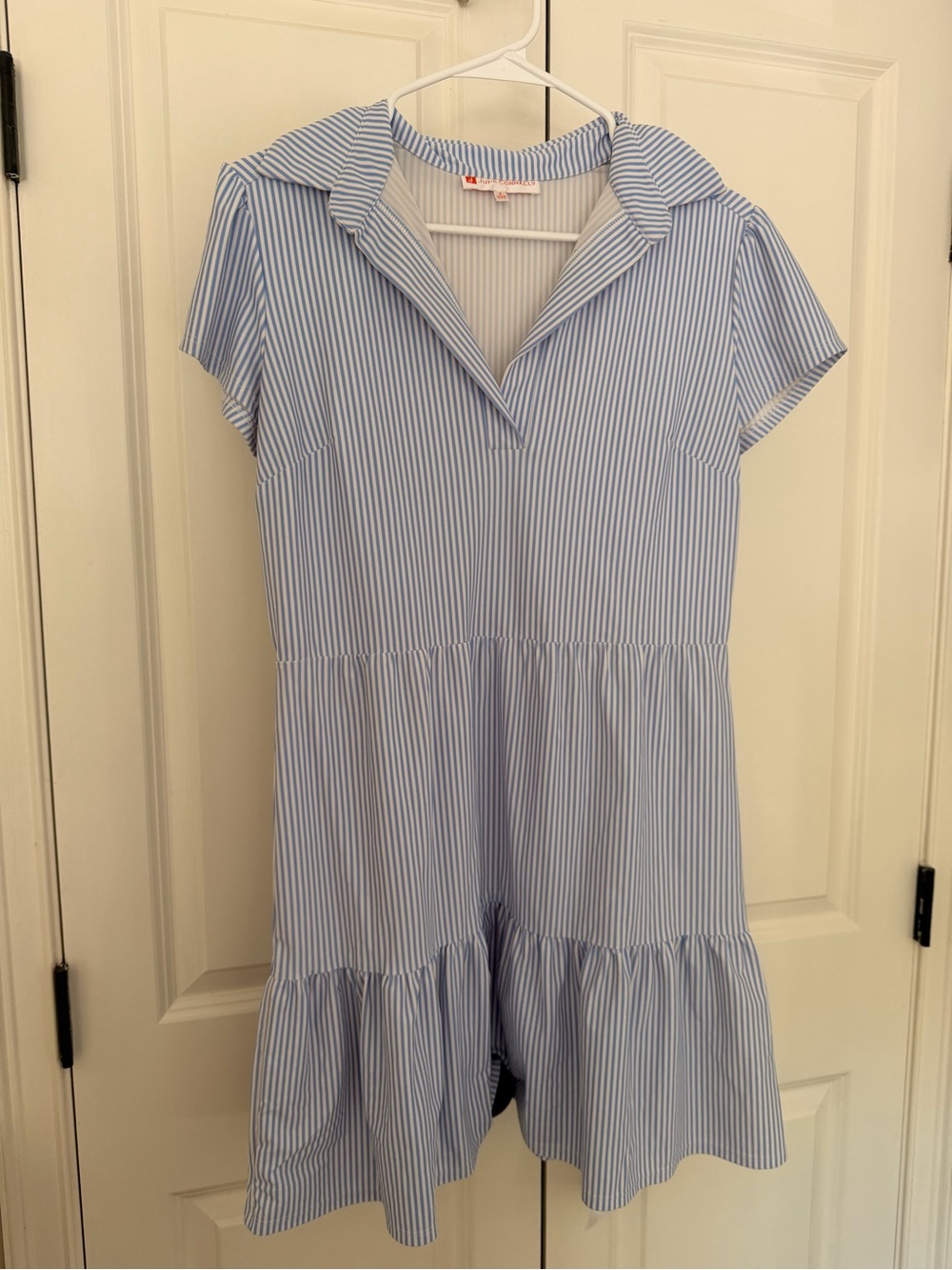 Jude Conally Blue and White Striped Short Sleeve Tiered Athletic Dress